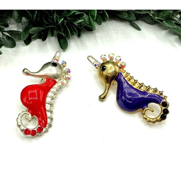 Vintage hair barrettes Seahorse Brooch Pair With Rhinestones and Enamel Coating - Picture 3 of 5